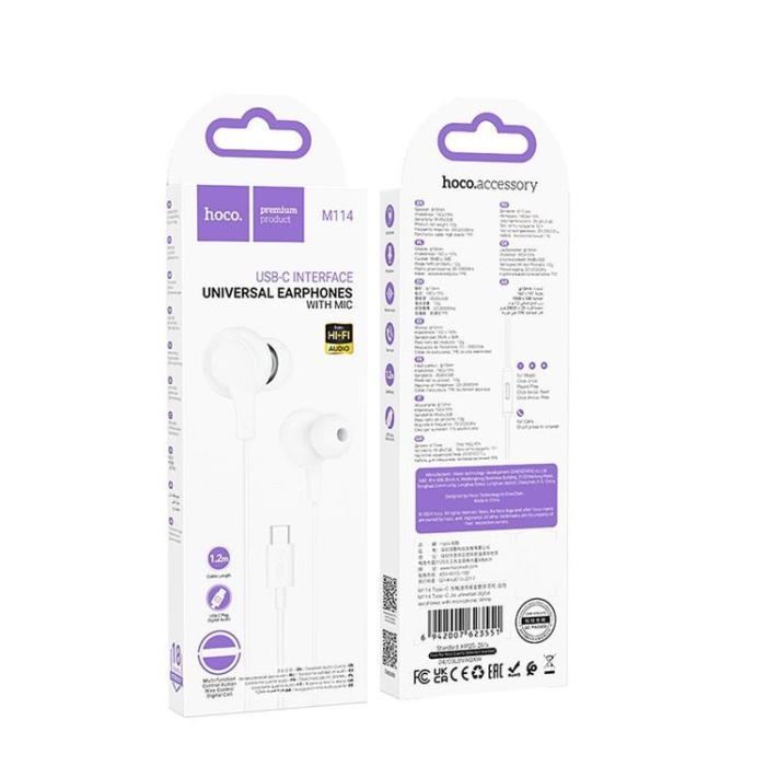 Hoco - HOCO Trådbundna Hörlurar USB-C Kabel 1.2m Mikrofon M114 Vit