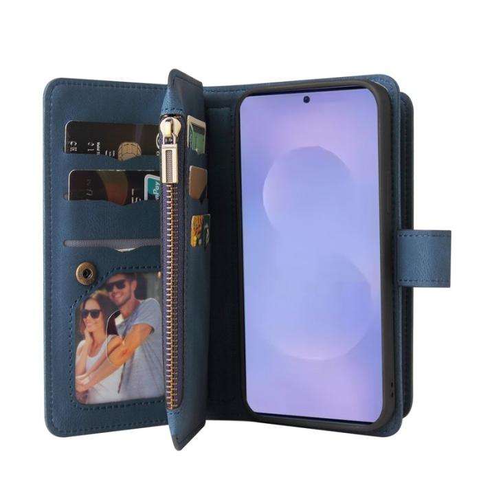 OEM - Samsung Galaxy S26 Plus Plånboksfodral Konstläder Med Dragkedja 15 Kort - Blå