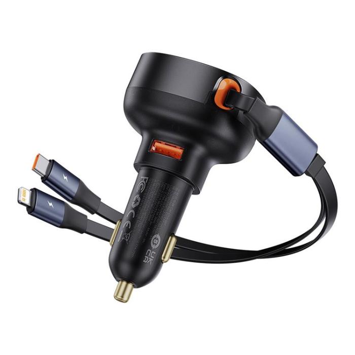 BASEUS - Baseus Enjoyment USB-A Billaddare med USB-C/Lightning 60W Kabel - Svart
