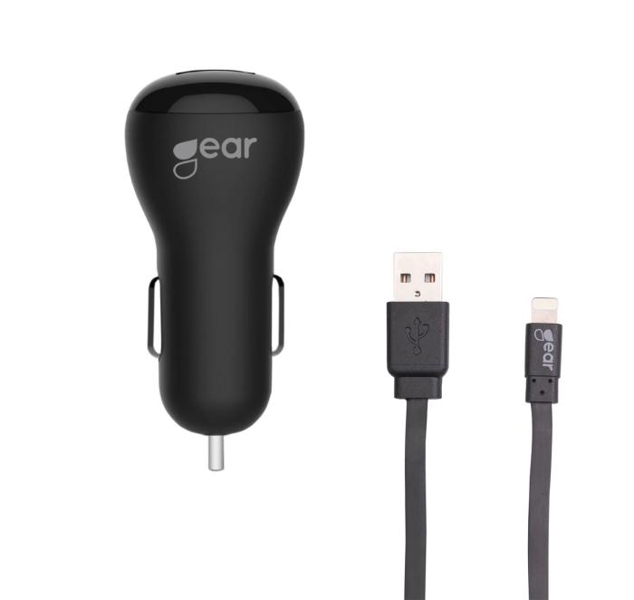 GEAR - GEAR Laddare 12-24V 2xUSB 2,4A Lightning Kabel platt 1m MFI - Svart