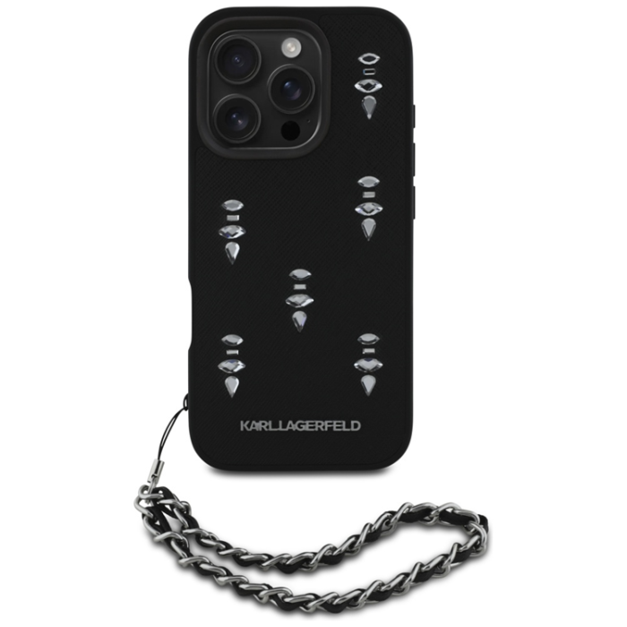 KARL LAGERFELD - Karl Lagerfeld iPhone 16 Pro Max Mobilskal Saffiano Crystals Strap - Svart