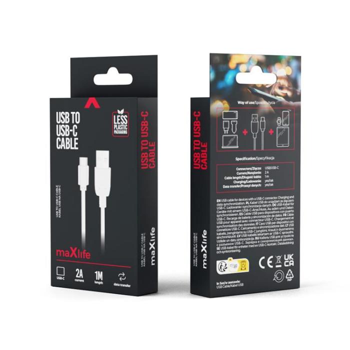 Maxlife - Maxlife USB-C till USB-A kabel 1m 2A - Vit