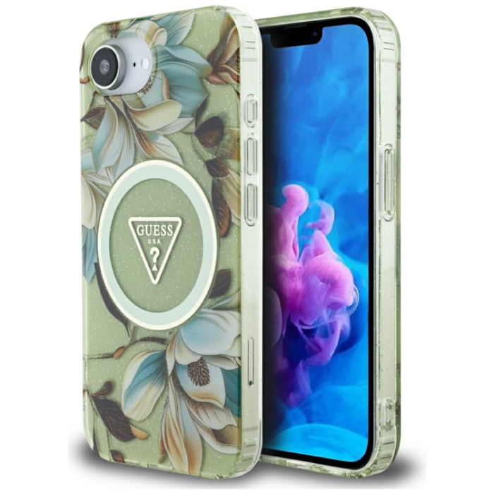 Guess - Guess iPhone 16e Mobilskal Magsafe Glitter Flower - Grön