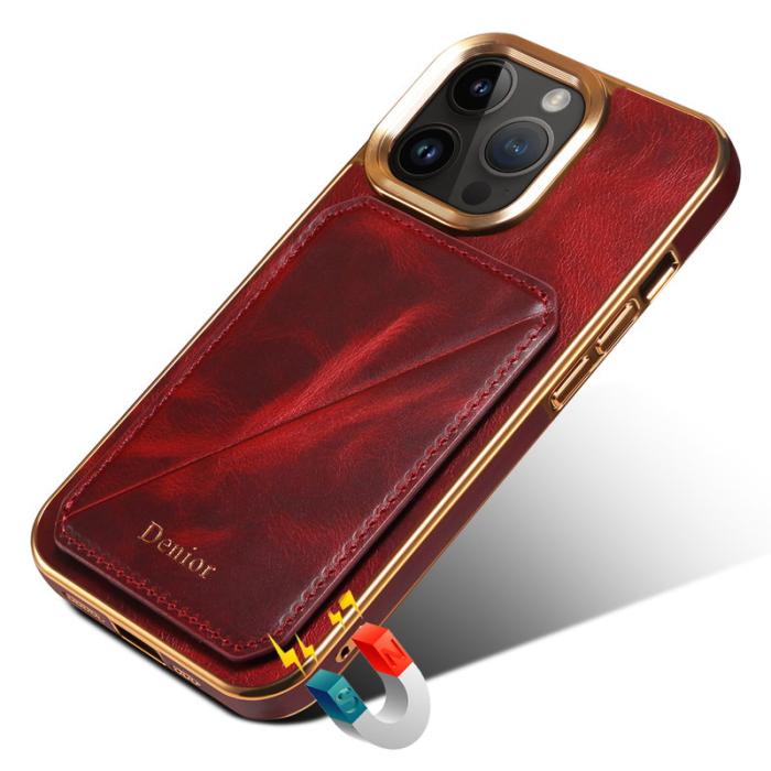 DENIOR - DENIOR iPhone 12 Pro Max Plånboksfodral Kortplats Ställ Waxy Äkta Läder Röd