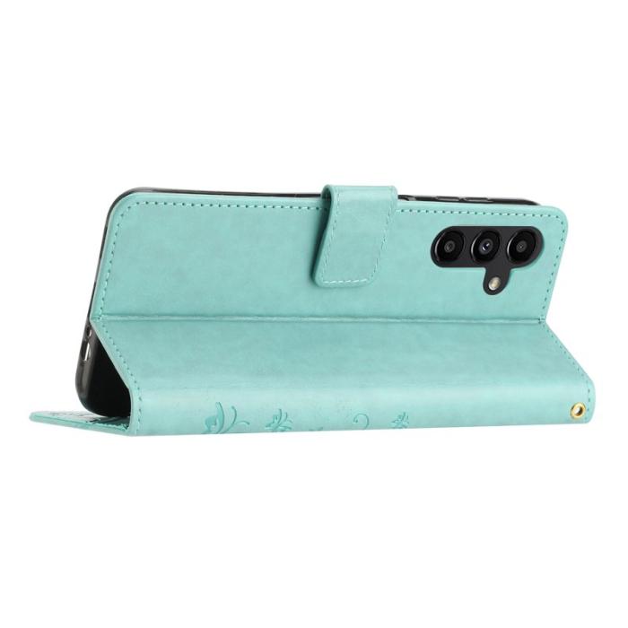 OEM - Samsung Galaxy S26+ Plånboksfodral Konstläder Blomma Prägling - Blå