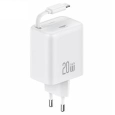 USAMS - USAMS V&auml;ggladdare 1xUSB-C med utdragbar USB-C kabel PD+QC 20W GaN &ndash; Vit