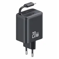 USAMS - USAMS V&auml;ggladdare 1xUSB-C m utdragbar kabel PD+QC 20W GaN - Svart