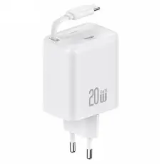 USAMS - USAMS V&auml;ggladdare 1xUSB-C med utdragbar USB-C kabel PD+QC 20W GaN &ndash; Vit
