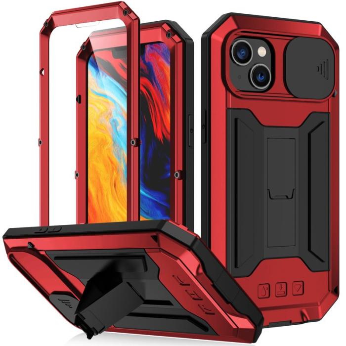 R-JUST - R-JUST Mobilskal till iPhone 14 Plus med Kickstand Röd Silicone Metall