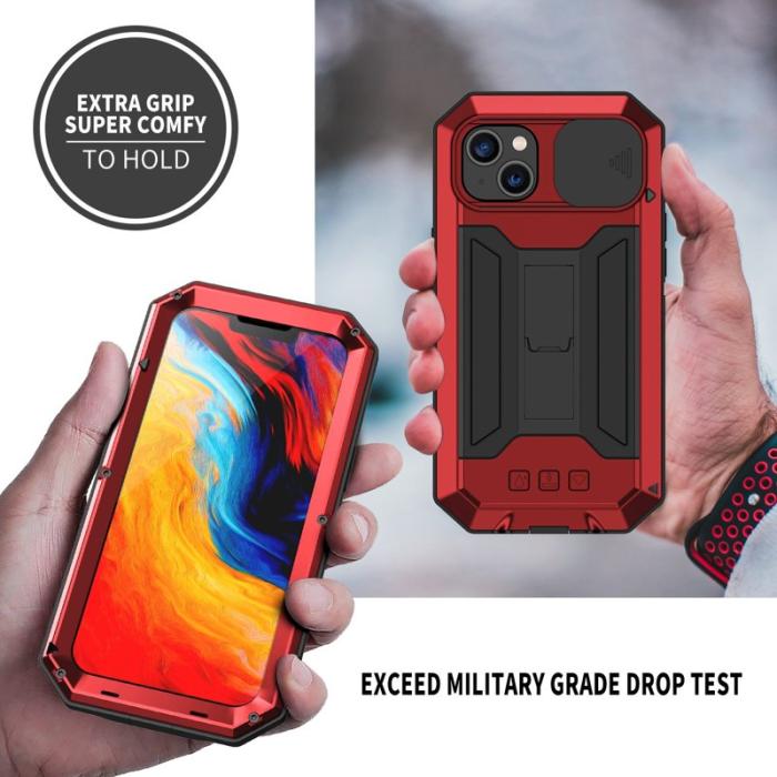 R-JUST - R-JUST Mobilskal till iPhone 14 Plus med Kickstand Röd Silicone Metall
