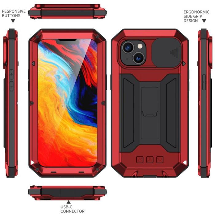 R-JUST - R-JUST Mobilskal till iPhone 14 Plus med Kickstand Röd Silicone Metall