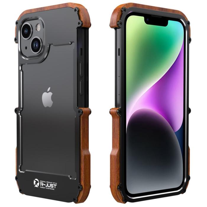 R-JUST - R-JUST Mobilskal till iPhone 14 Plus Shockproof Trä + Aluminium Legering Svart