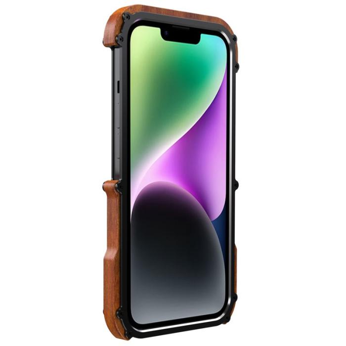 R-JUST - R-JUST Mobilskal till iPhone 14 Plus Shockproof Trä + Aluminium Legering Svart