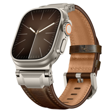 A-One Brand - Apple Watch (42/44/45/46/49mm) Armband Cowhide Läder - Coffee Brun/Titanium