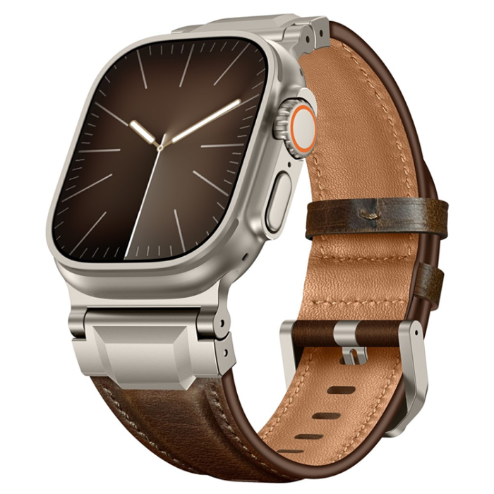 A-One Brand - Apple Watch (42/44/45/46/49mm) Armband Cowhide Läder - Coffee Brun/Titanium