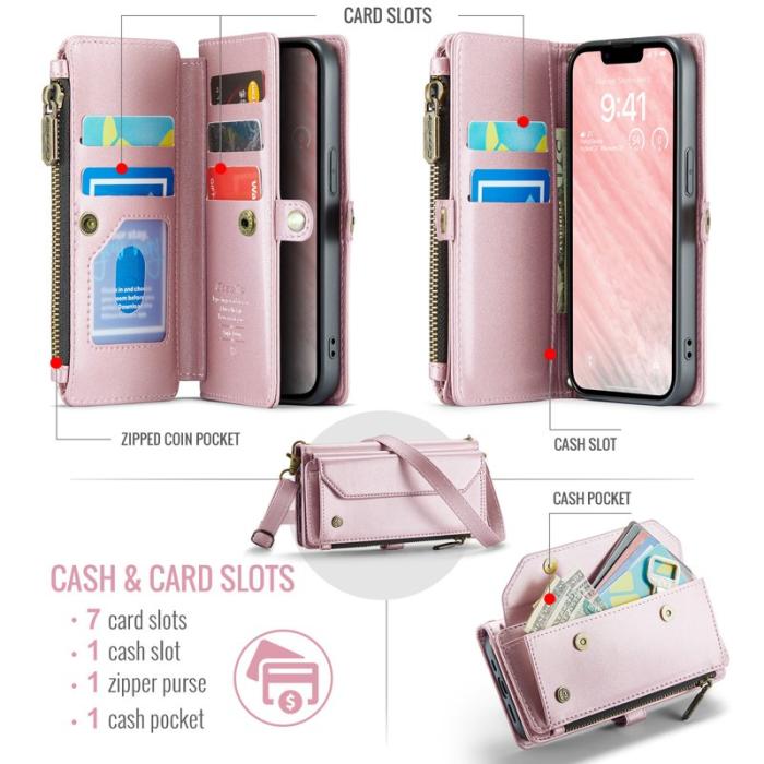 Caseme - CASEME Plånboksfodral Konstläder för iPhone 16e med kortfack - Rosa