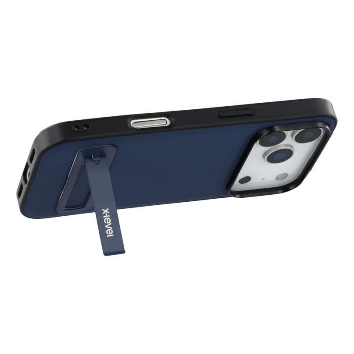 X-Level - X-LEVEL iPhone 17 Pro Fodral Konstläder belagt TPU Med Ställ - Blå