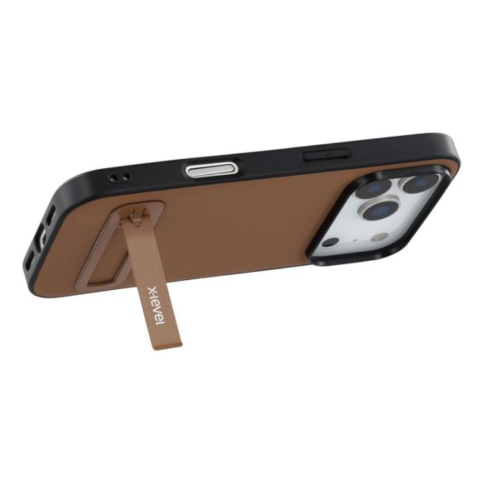 X-Level - X-LEVEL iPhone 17 Pro Fodral Konstläder belagt TPU Med Ställ - Brun