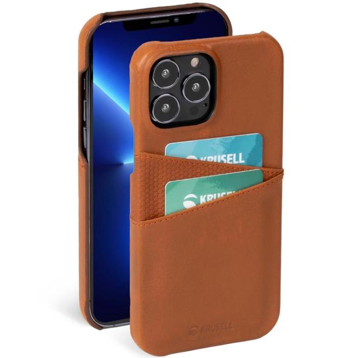 UTGATT - Krusell iPhone 13 Pro Skal Korthållare Äkta Läder - Cognac