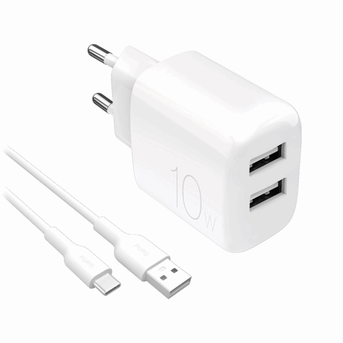 Puro - Puro Väggladdare 10W 2x USB-A + USB-A - USB-C Kabel 1.2m Polite
