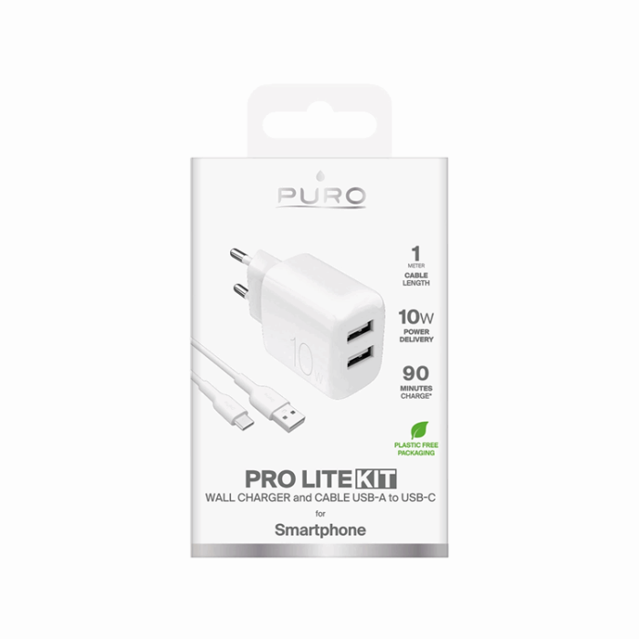 Puro - Puro Väggladdare 10W 2x USB-A + USB-A - USB-C Kabel 1.2m Polite