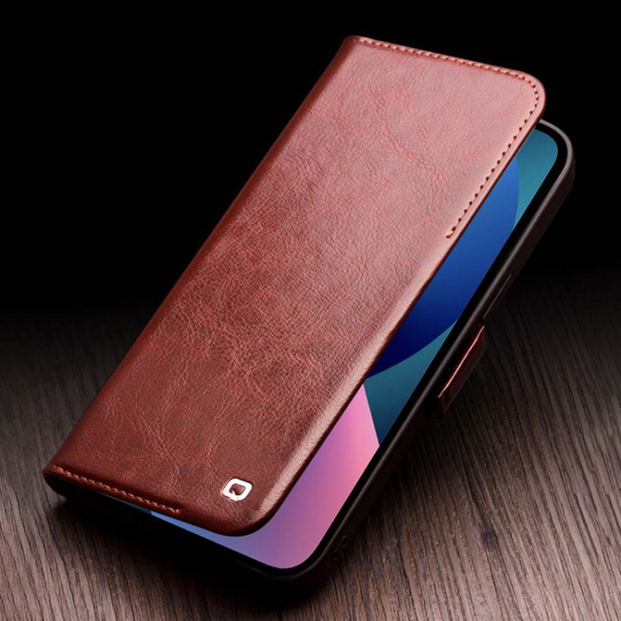 QIALINO - QIALINO iPhone 13 Plånboksfodral Äkta läder Flip - Ljusbrun