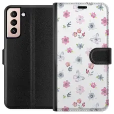 Gustaf - Pl&aring;nboksfodral till Samsung Galaxy S21 med Blommor och fj&auml;rillar