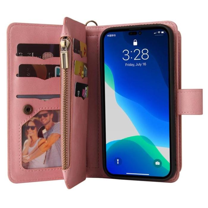 OEM - iPhone 14 Plånboksfodral KT Zipper - Rosa