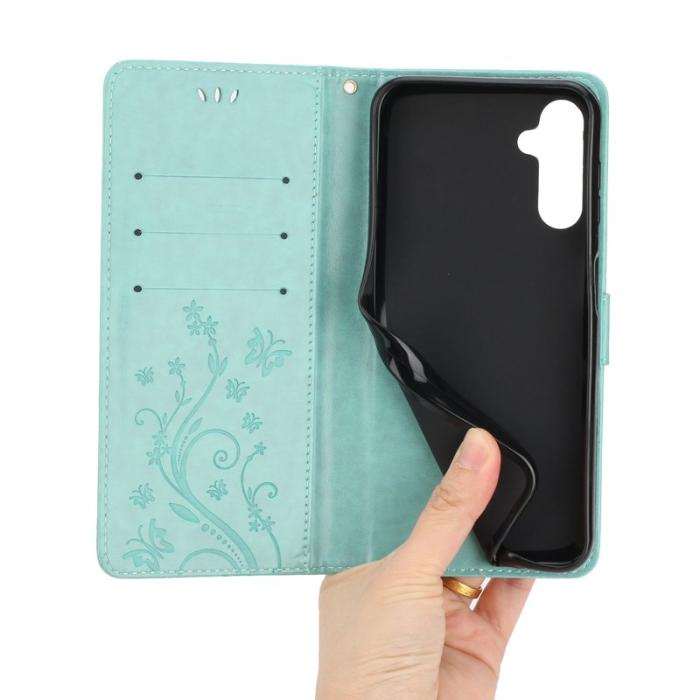 OEM - Samsung Galaxy S26+ Plånboksfodral Konstläder Blomma Prägling - Blå