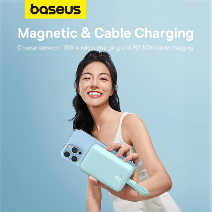 BASEUS - Baseus Magsafe Powerbank 10000mAh 20W Med Built-in Lightning Kabel - Blå