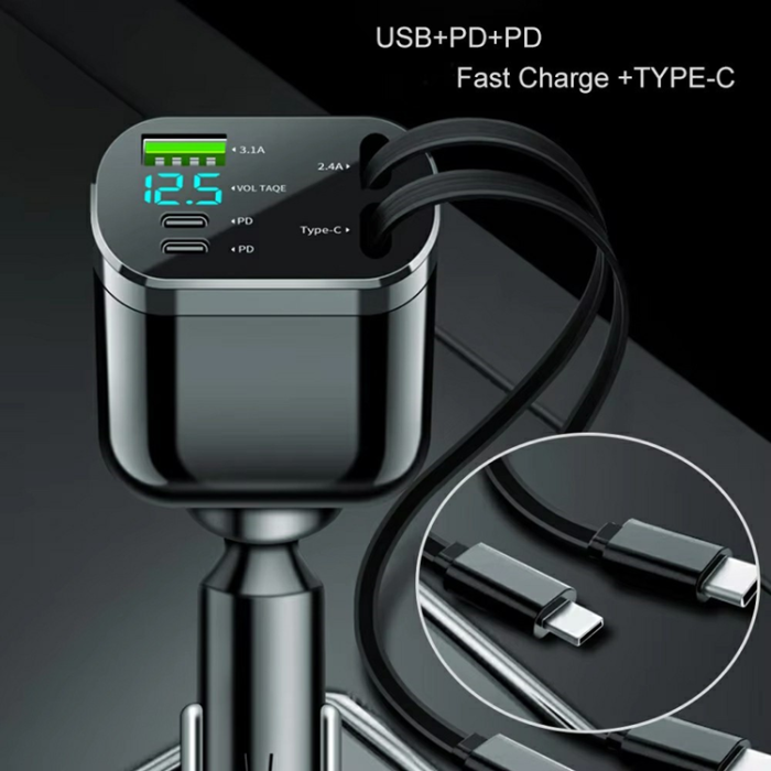A-One Brand - 5in1 Billaddare USB-A - 2x USB-C med Dual Indragbar Kabel LED