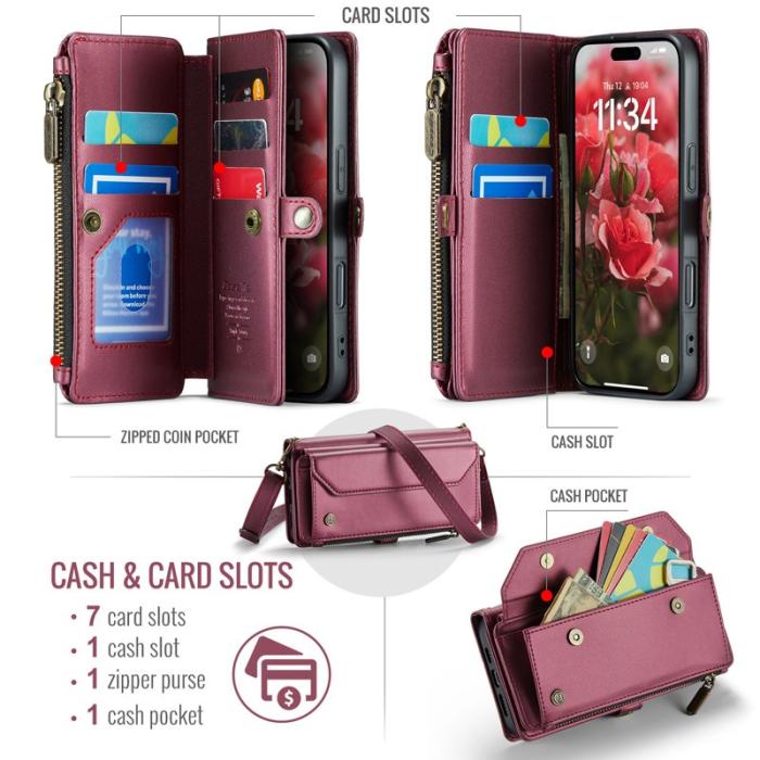 Caseme - CASEME Plånboksfodral Konstläder för iPhone 17 med dragkedja Röd