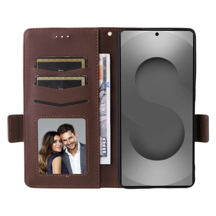 A-One Brand - Galaxy S26 Ultra Plånboksfodral Litchi Läder med Rem - Brun