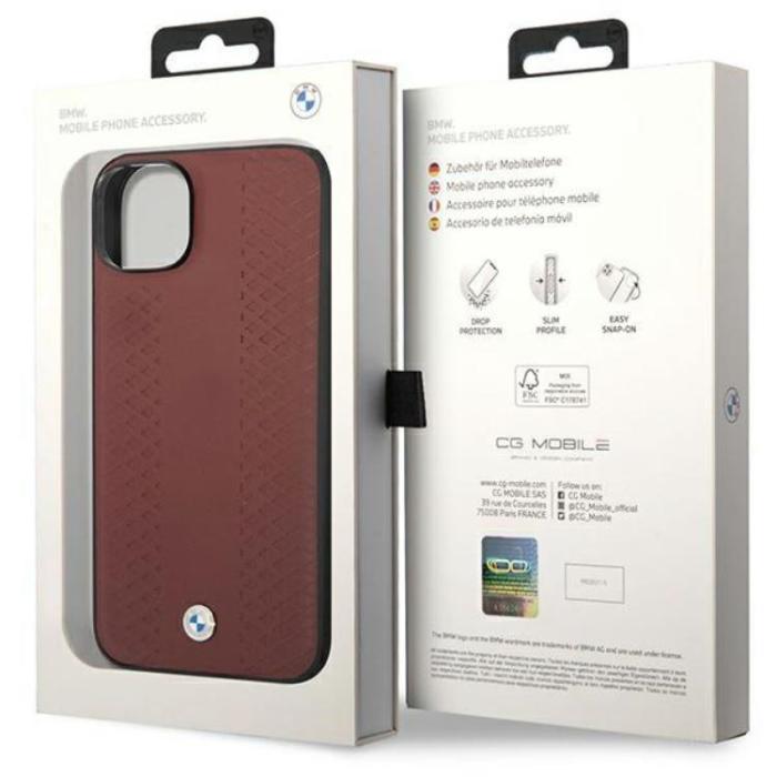 BMW - BMW iPhone 14 Mobilskal Läder Diamond Pattern - Burgundy