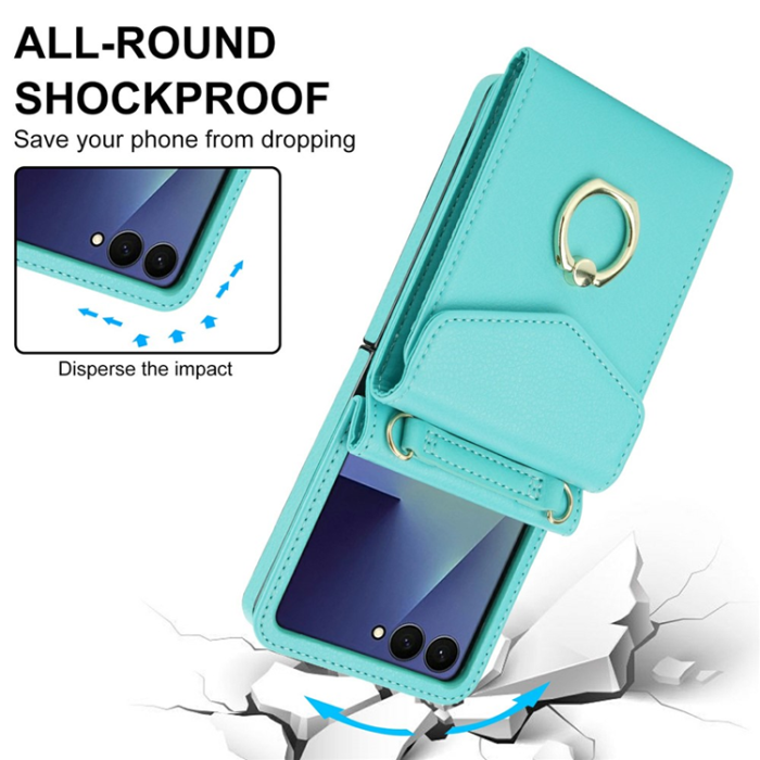 A-One Brand - Galaxy Z Flip7 Plånboksfodral Litchi med Axelrem - Mintgrön