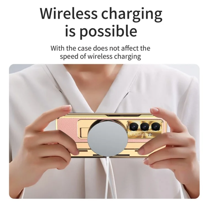 A-One Brand - Galaxy Z Fold7 5G Mobilskal läder + PC Kickstand - Guld+Rosa