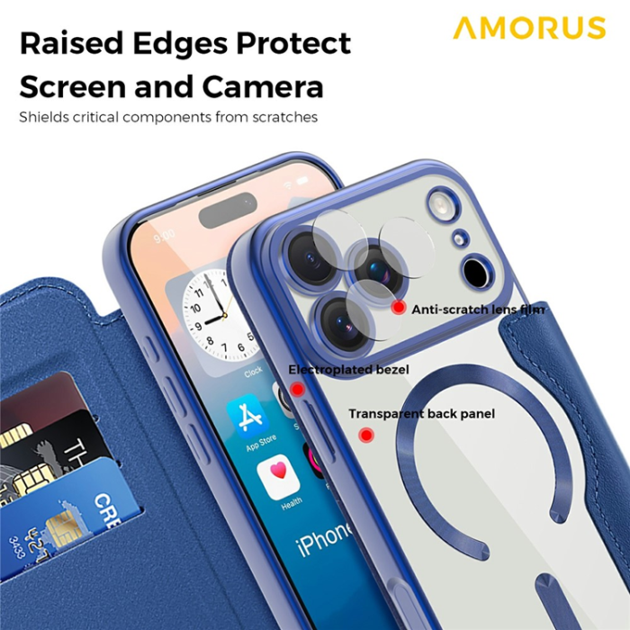 Amorus - AMORUS iPhone 17 Pro Max Plånboksfodral MagSafe RFID - Blå