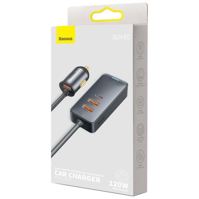 BASEUS - Baseus Power Billaddare USB-C Till 3x USB 120W - Grå
