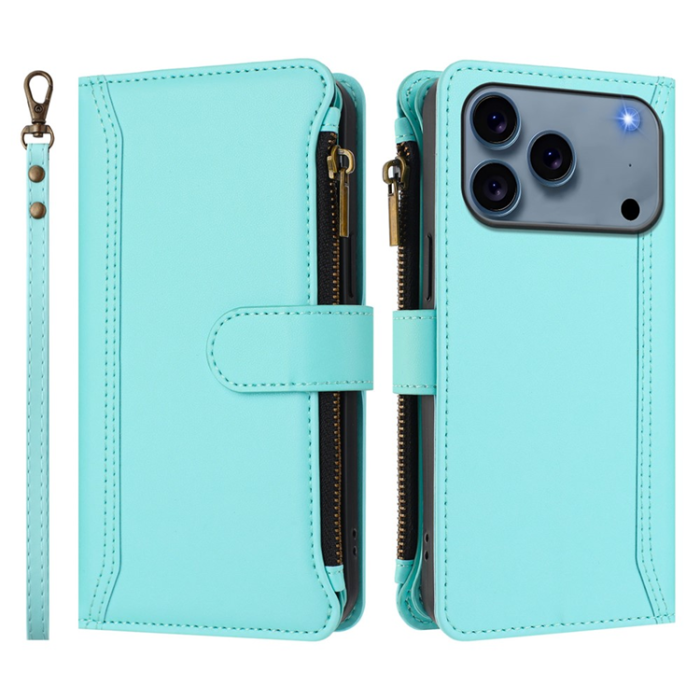A-One Brand - iPhone 17 Pro Plånboksfodral Zipper Med Rem - Mintgrön