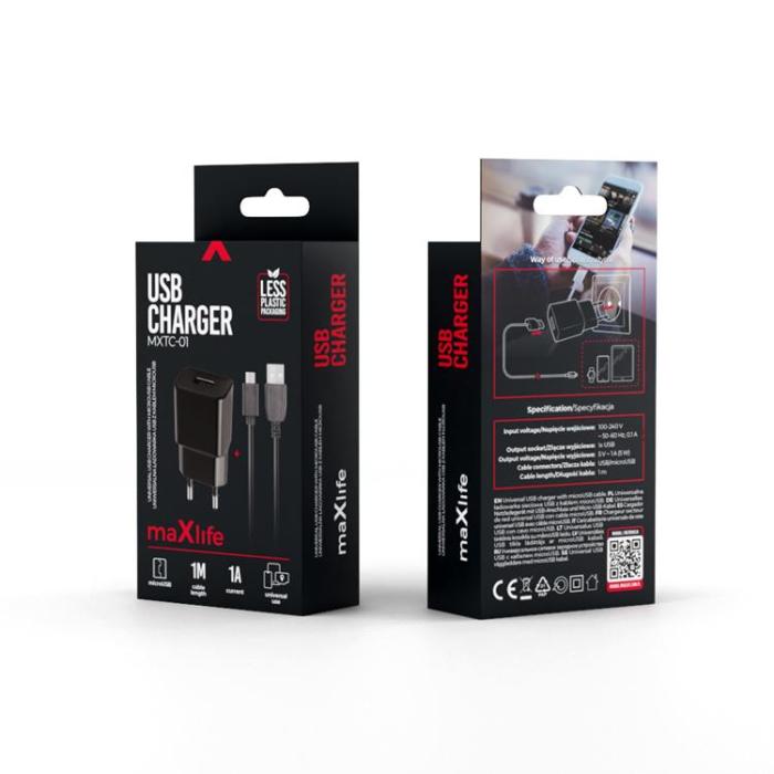 Maxlife - Maxlife Väggladdare 1x USB 1A + Micro-USB Kabel - Svart