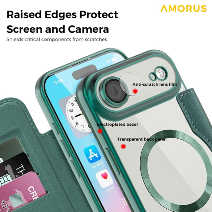 Amorus - AMORUS iPhone Air Plånboksfodral MagSafe RFID - Grön