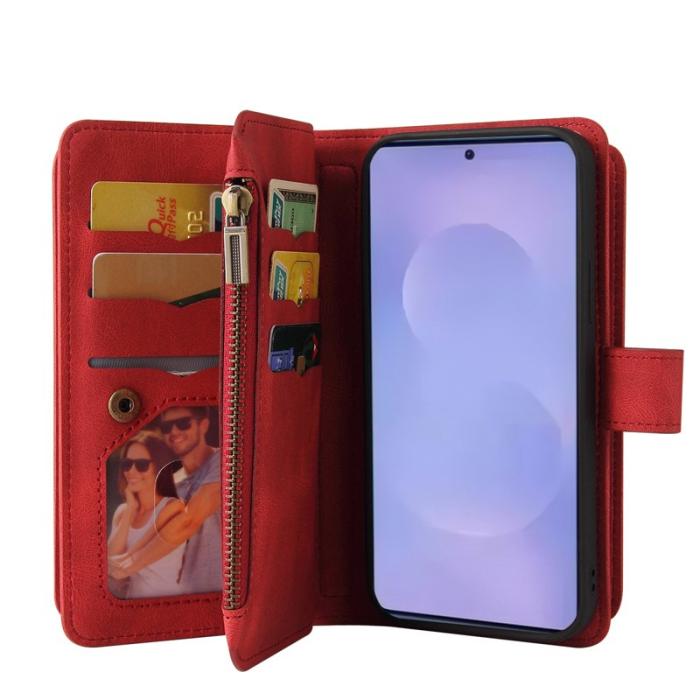 OEM - Samsung Galaxy S26 Plus Plånboksfodral Konstläder Dragkedja 15 Kortplatser - Röd