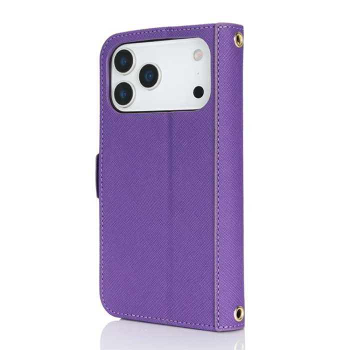 A-One Brand - iPhone 17 Pro Konstläder Plånboksfodral Cross Texture med Axelrem - Lila