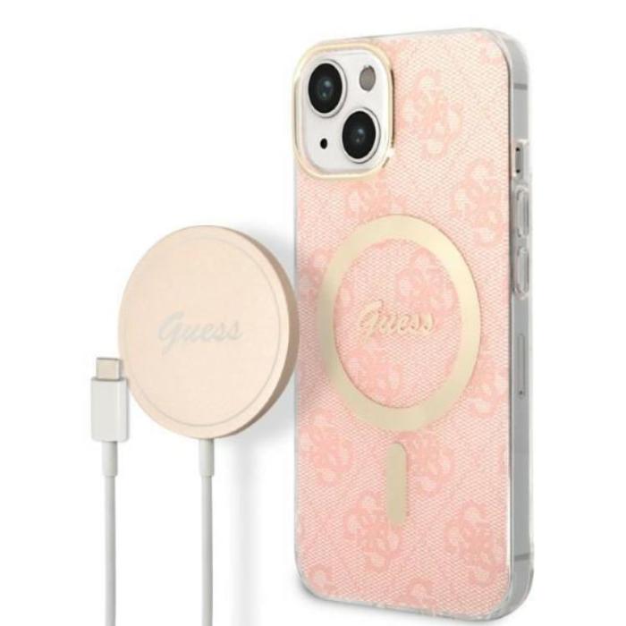 Guess - GUESS iPhone 14 Plus Magsafe Skal Print + Trådlös Laddare - Rosa