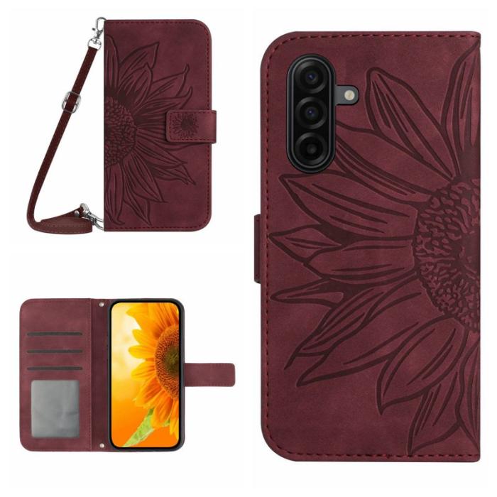 OEM - Samsung Galaxy S26 Plånboksfodral Solros Präglat Konstläder Ställ - Vinröd