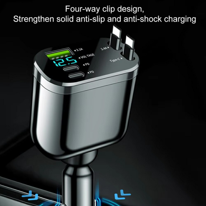 A-One Brand - 5in1 Billaddare USB-A - 2x USB-C med Dual Indragbar Kabel LED