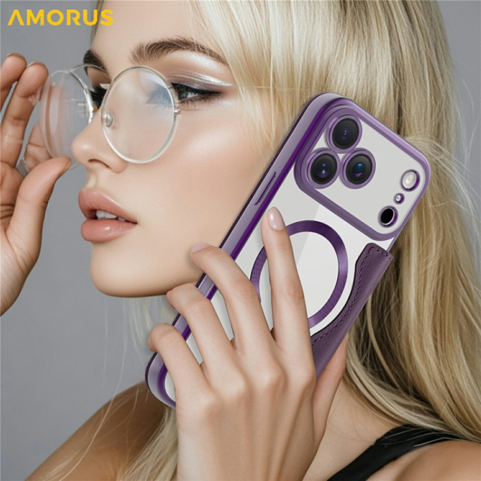 Amorus - AMORUS iPhone 17 Pro Max Plånboksfodral MagSafe RFID - Lila