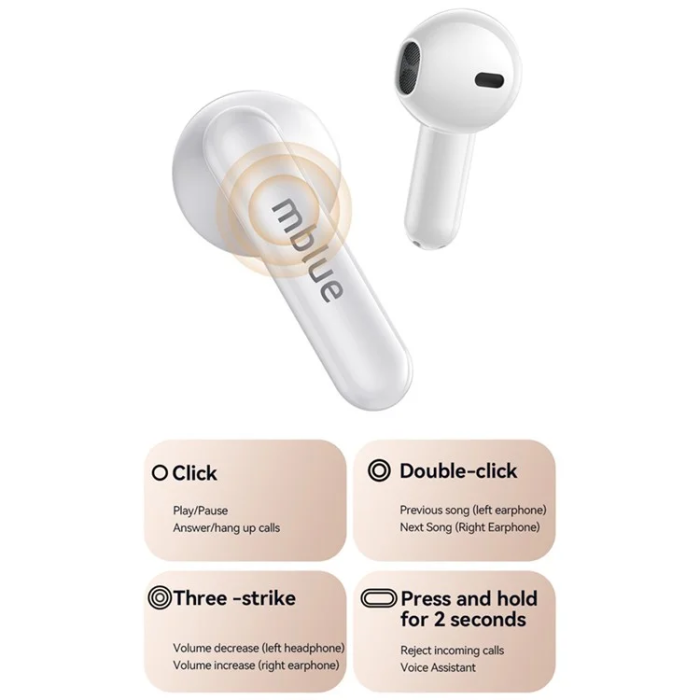 OEM - TWS In-Ear Sport Hörlurar Bluetooth Low Latency MBLUE AR10 - Vit