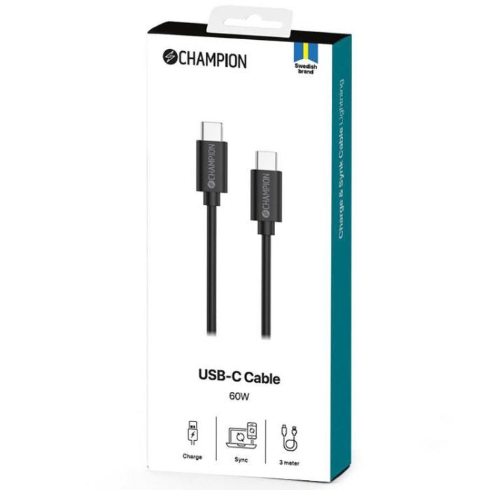 Champion - CHAMPION USB-C till USB-C kabel 60W 2m - Svart