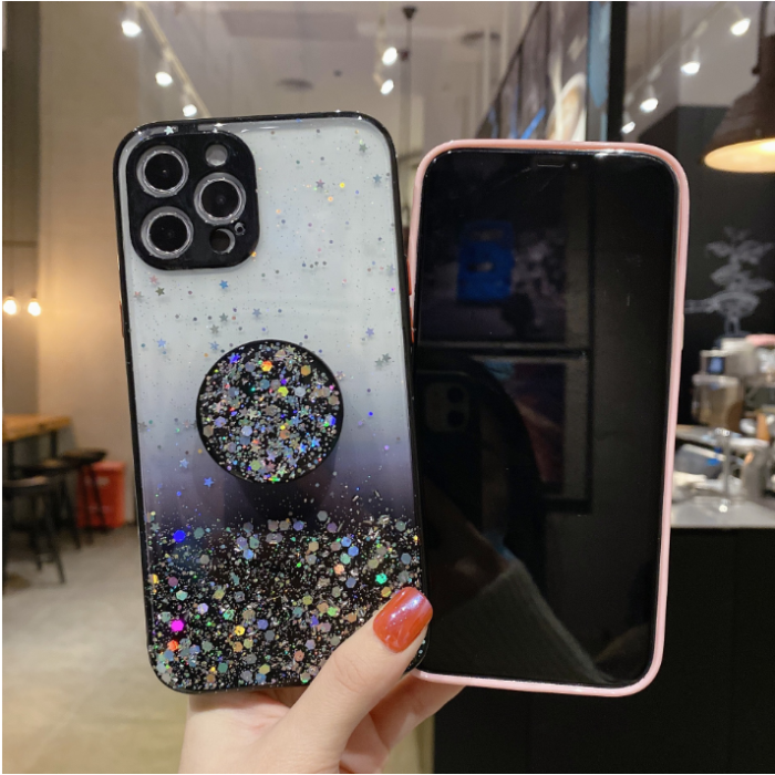 A-One Brand - Round Glitter Mobilhållare / Mobilgrepp - Svart